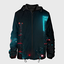Куртка с капюшоном мужская Неоновые высотки в городе - Светло-синий, цвет: 3D-черный