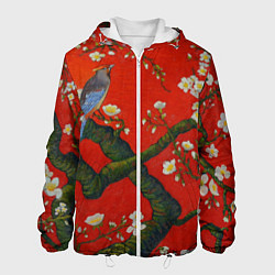 Куртка с капюшоном мужская Птица на ветвях сакуры, цвет: 3D-белый