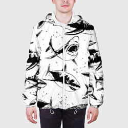 Куртка с капюшоном мужская Кровожадные акулы - стая, цвет: 3D-белый — фото 2