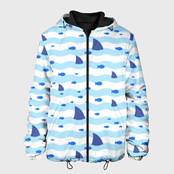 Куртка с капюшоном мужская Волны, рыбки и плавники акул - паттерн, цвет: 3D-черный