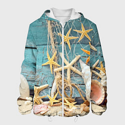 Куртка с капюшоном мужская Натюрморт из сети, морских звёзд и ракушек - лето, цвет: 3D-белый