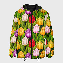 Куртка с капюшоном мужская Объемные разноцветные тюльпаны, цвет: 3D-черный