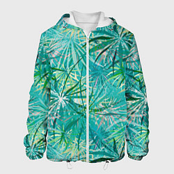 Куртка с капюшоном мужская Тропические листья на зеленом фоне, цвет: 3D-белый