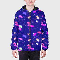 Куртка с капюшоном мужская Неоновые зонтики на фиолетовом фоне, цвет: 3D-черный — фото 2