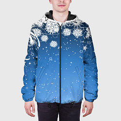 Куртка с капюшоном мужская Снежный узор на синем фоне, цвет: 3D-черный — фото 2