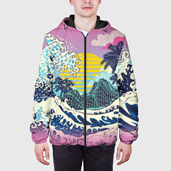 Куртка с капюшоном мужская Штормовые океанские волны и пальмы, цвет: 3D-черный — фото 2