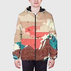 Куртка с капюшоном мужская Большие океанские волны и скалистый остров на зака, цвет: 3D-черный — фото 2