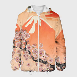 Куртка с капюшоном мужская Ветка цветущей сакуры и вулкан, цвет: 3D-белый