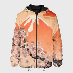 Куртка с капюшоном мужская Ветка цветущей сакуры и вулкан, цвет: 3D-черный