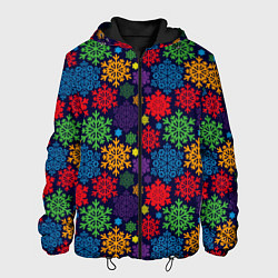 Куртка с капюшоном мужская Снежинки разноцветные, цвет: 3D-черный