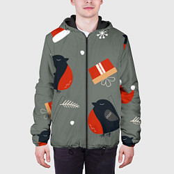 Куртка с капюшоном мужская Новогодние снегири, цвет: 3D-черный — фото 2