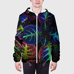 Куртка с капюшоном мужская Неоновые листья растений, цвет: 3D-белый — фото 2