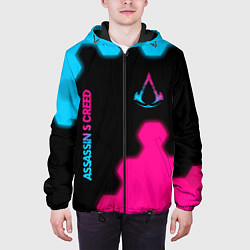 Куртка с капюшоном мужская Assassins Creed - neon gradient: надпись, символ, цвет: 3D-черный — фото 2