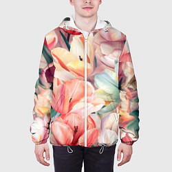 Куртка с капюшоном мужская Разноцветные пастельные тюльпаны - паттерн, цвет: 3D-белый — фото 2