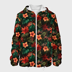 Куртка с капюшоном мужская Тропические цветы паттерн, цвет: 3D-белый