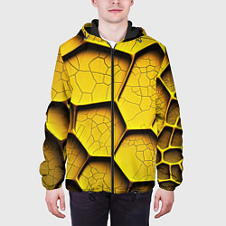 Куртка с капюшоном мужская Желтые шестиугольники с трещинами - объемная текст, цвет: 3D-черный — фото 2