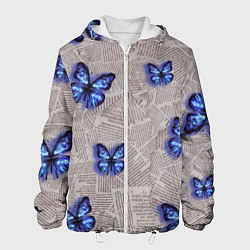Куртка с капюшоном мужская Газетные обрывки и синие бабочки, цвет: 3D-белый