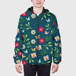 Куртка с капюшоном мужская Цветы и разноцветные бабочки, цвет: 3D-черный — фото 2