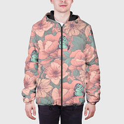 Куртка с капюшоном мужская Паттерн с бабочками и цветами, цвет: 3D-черный — фото 2