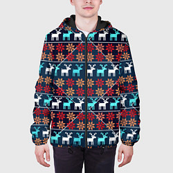 Куртка с капюшоном мужская Новогодние олени и снежинки узор, цвет: 3D-черный — фото 2