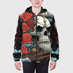 Куртка с капюшоном мужская Череп викинга на корабле с розами в стиле тату ире, цвет: 3D-черный — фото 2