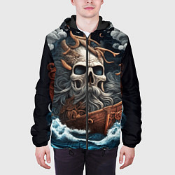 Куртка с капюшоном мужская Тату ирезуми черепа пирата на корабле в шторм, цвет: 3D-черный — фото 2