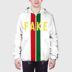 Куртка с капюшоном мужская Зелёная и красная полосы с надписью Fake, цвет: 3D-белый — фото 2