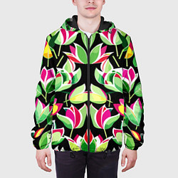 Куртка с капюшоном мужская Зеркальный паттерн из тюльпанов - мода, цвет: 3D-черный — фото 2