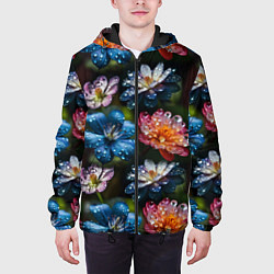 Куртка с капюшоном мужская Капли на цветах, цвет: 3D-черный — фото 2