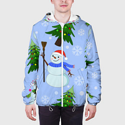 Куртка с капюшоном мужская Снеговики с новогодними елками паттерн, цвет: 3D-белый — фото 2