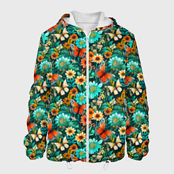 Куртка с капюшоном мужская Бабочки в цветах паттерн, цвет: 3D-белый