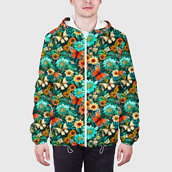 Куртка с капюшоном мужская Бабочки в цветах паттерн, цвет: 3D-белый — фото 2