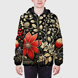 Куртка с капюшоном мужская Новогодние цветы и листья, цвет: 3D-черный — фото 2