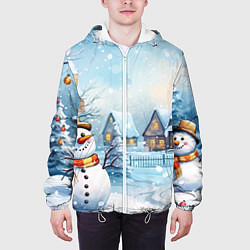 Куртка с капюшоном мужская Новогодний городок и снеговики, цвет: 3D-белый — фото 2