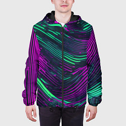 Куртка с капюшоном мужская Волнистые линии зелёные и фиолетовые, цвет: 3D-черный — фото 2