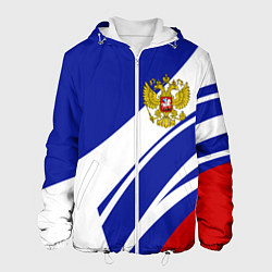 Куртка с капюшоном мужская Герб России на абстрактных полосах, цвет: 3D-белый