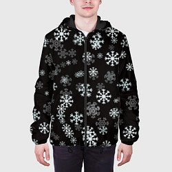 Куртка с капюшоном мужская Снежинки белые на черном, цвет: 3D-черный — фото 2