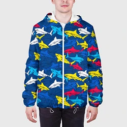 Куртка с капюшоном мужская Разноцветные акулы на глубине, цвет: 3D-белый — фото 2