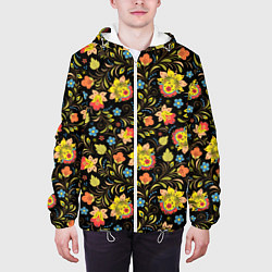 Куртка с капюшоном мужская Хохломская роспись разноцветные цветы, цвет: 3D-белый — фото 2