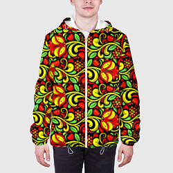 Куртка с капюшоном мужская Хохломская роспись красные цветы и ягоды, цвет: 3D-белый — фото 2