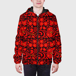 Куртка с капюшоном мужская Хохломская роспись красные цветы и ягоды на чёрном, цвет: 3D-черный — фото 2