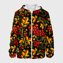 Куртка с капюшоном мужская Хохломская роспись золотистые листья чёрном фоне, цвет: 3D-белый