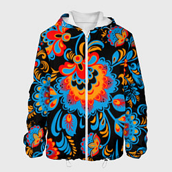 Куртка с капюшоном мужская Хохломская роспись разноцветные цветы на чёроном ф, цвет: 3D-белый
