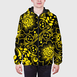 Куртка с капюшоном мужская Хохломская роспись золотые цветы на чёроном фоне, цвет: 3D-черный — фото 2