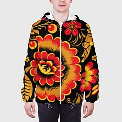 Куртка с капюшоном мужская Хохломская роспись красно-жёлтые цветы на чёрном ф, цвет: 3D-белый — фото 2