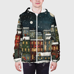 Куртка с капюшоном мужская Новогодний рисованный город, цвет: 3D-белый — фото 2