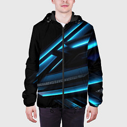 Куртка с капюшоном мужская Черная абстракция с синим неоновым ярким свечением, цвет: 3D-черный — фото 2