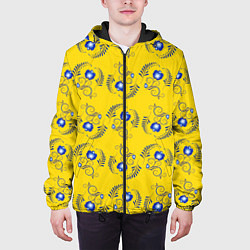Куртка с капюшоном мужская Узор - цветы гжель на желтом фоне, цвет: 3D-черный — фото 2