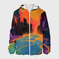 Куртка с капюшоном мужская Абстрактная городская улица со зданиями и река, цвет: 3D-белый