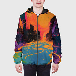 Куртка с капюшоном мужская Абстрактная городская улица со зданиями и река, цвет: 3D-черный — фото 2